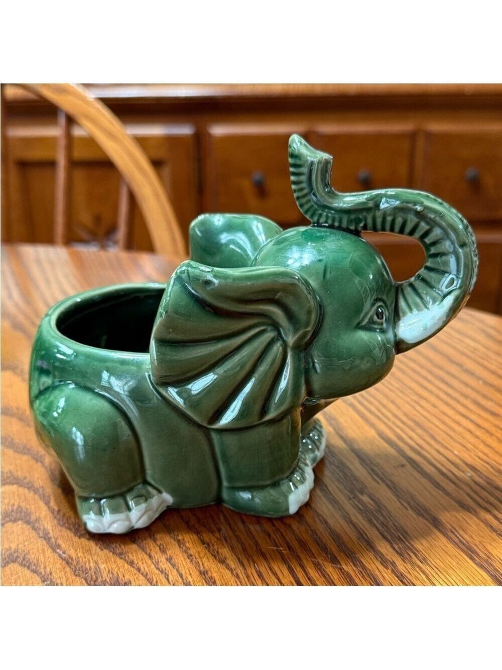 VTG Green Elephant Glazed Ceramic Planter Pot Good Luck Trunk Up - Picture 7 of 7